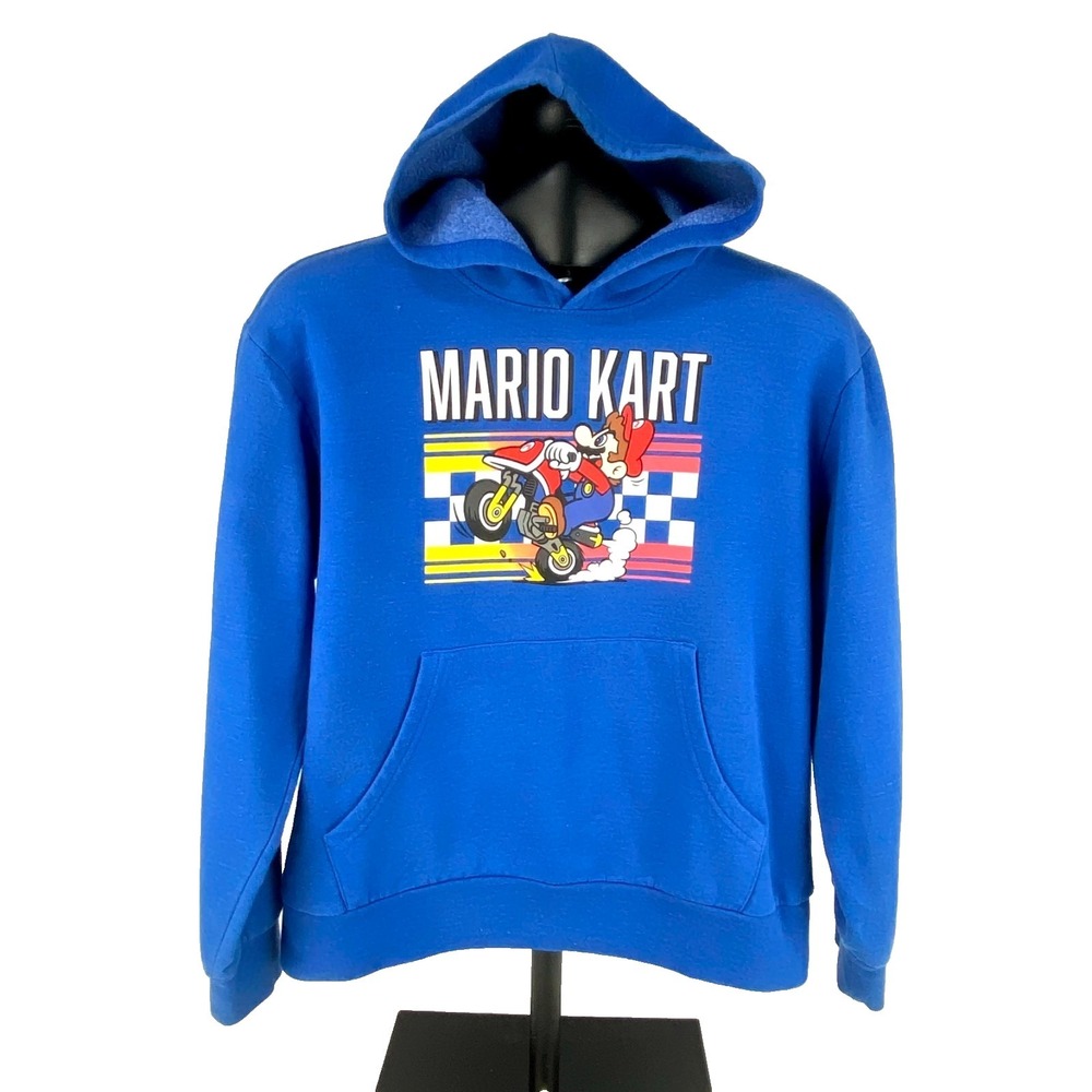 Mario Kart Graphic Print Hoodie Kids Youth M Blue Racing Pullover Sweatshirt